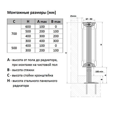 Напольный кронштейн тип KН5 (700 мм) внутренний монтаж, ВР 500-600, тип 20/22/30/33 (без креп. к пол
